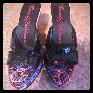 Designer Beverly Feldman embroidered wedge heels